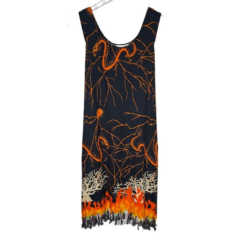Darling Fashion Dragon Shift Dress L Black Orange Sleeveless Fringe Hem Flames